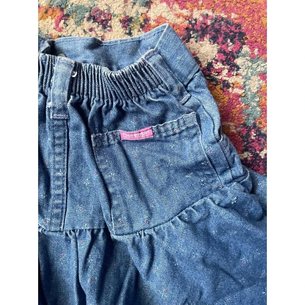 80s Vintage OshKosh Drop Waist Denim Skirt with Pink Logo Tag & Floral Print